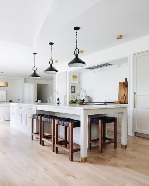 Jean Stoffer on Instagram: “Just because every angle of our Ada Modern Classic project’s kitchen is so good!  Swipe to see how we reorganized the space!  Stools and…” Kitchen With Long Island, Long Kitchen, Farmhouse Kitchen Island, Kitchen Island Decor, Large Kitchen Island, Modern Kitchen Island, Kitchen Island With Seating, Home Luxury, Island With Seating