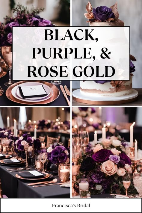 If you are looking for ideas to help you create your wedding color palette, then check out these beautiful purple, black, and rose gold wedding color ideas to help inspire you!! | Wedding color schemes | Wedding color palettes | Wedding theme | Wedding theme ideas | Wedding colors | Wedding color inspiration | Wedding color ideas | Wedding themes | Wedding colors unique | Fall wedding color ideas | Winter wedding color ideas | Spring wedding color ideas | Summer wedding color ideas | Burgundy Purple Black Wedding, Weddings In October Color Schemes, Mood Wedding Inspiration, Darker Wedding Colors, Black Purple Rose Gold Wedding, Night Wedding Color Schemes, Moody Themed Wedding, Red Purple Black Gold Wedding, Fall Wedding Color Schemes Purple