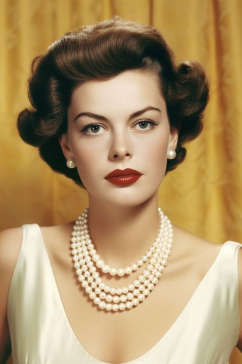 Photo showing 1950s woman wearing matching pearl necklace and earrings set 50s Accessories Jewelry, Old Hollywood Jewelry Glamour, 50s Jewelry 1950s, 1950 Jewelry 1950s Fashion Accessories, 1940 Jewelry Earrings, 1950s Accessories Jewelry, 1940’s Jewelry, 1950s Fashion Accessories, 1950 Makeup Look