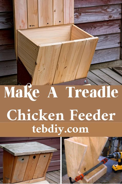 How To Make A Treadle Chicken Feeder Treadle Chicken Feeder, Chicken Feeder Shelter, Chicken Self Feeder Diy, Chicken Grit Dispenser Diy, Rat Proof Chicken Feeder, Diy Automatic Chicken Feeder, Chicken Feeder Ideas, Quack Shack, Homemade Chicken Feeder