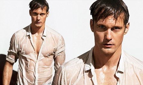 Alexander Skarsgard poses in soaking wet shirt for Vogue Drawing A Wet Shirt, Wet Clothes Drawing Reference Male, Wet Fabric Reference, Wet Clothes Drawing Reference Standing, Wet Shirt Drawing, How To Draw Wet Shirt, Wet Clothes Drawing Reference, Shirt Folds Reference, Drawing Essentials