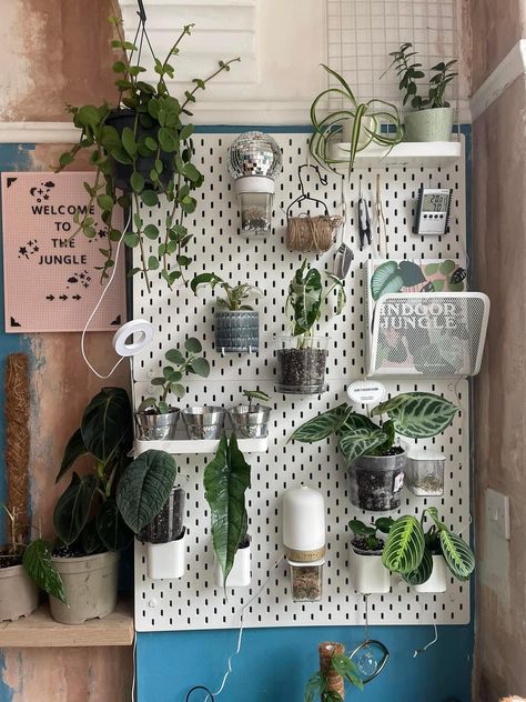 Pegboard Wall Ideas, Plant Pegboard, Skadis Plant Wall, Pegboard Plants, Flower Wall Pegboard, Skadis Pegboard Art, Ikea Pegboard Plants, Skådis Ikea, Ikea Skadis Pegboard Hooks