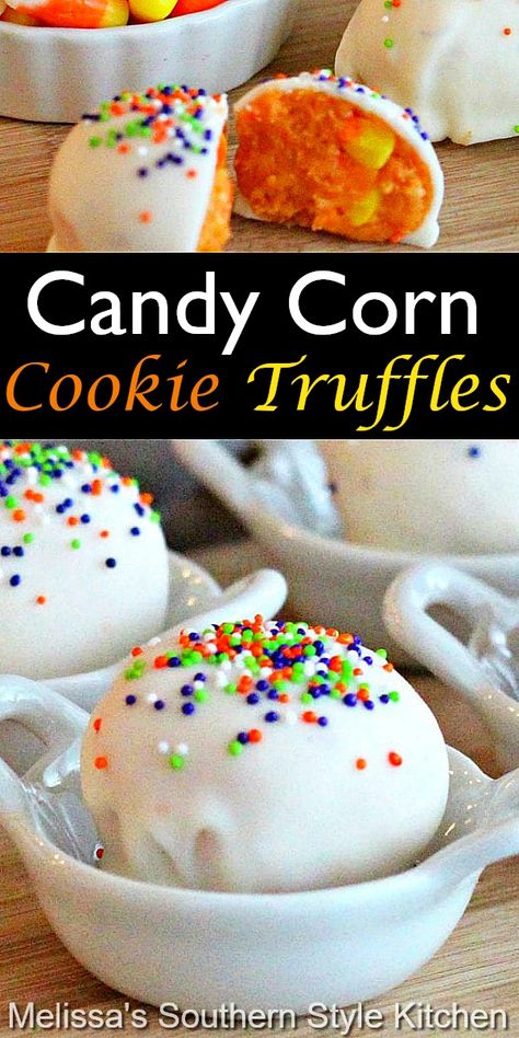 Truffles Oreo, Candy Corn Cookie, Candy Corn Recipe, Desserts Halloween, Sugar Cookies From Scratch, Melissas Southern Style Kitchen, Cookie Truffles, Candy Corn Cookies, White Chocolate Candy