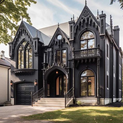 Cathedral House Exterior, Black Gothic House Exterior, Gothic Modern House Exterior, Neogothic Architecture House, Victorian Windows Exterior, Modern Gothic House Exterior, Goth Home Exterior, Black Gothic House, Victorian Gothic House Exterior