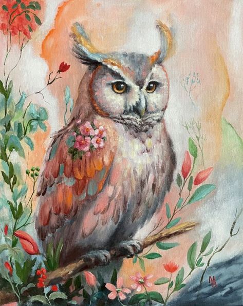 "The Dreams of an Owl" (2024) - NatalieVerve Owl Painting Acrylic, Canvas Art Inspiration, Fantasy Owl, Acrylic Sunset, Animals Painting, Owl Canvas, Inspo Art, Owl Painting, Owl Art