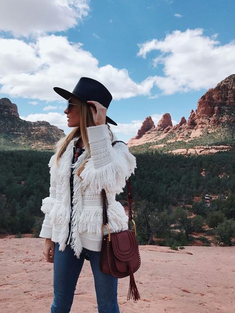 Sedona Fashion, Sedona Style, Sedona Travel, Blue Suede Jacket, Pink Jeep, Food Style, Fringe Sweater, Off The Beaten Path, Angel Food