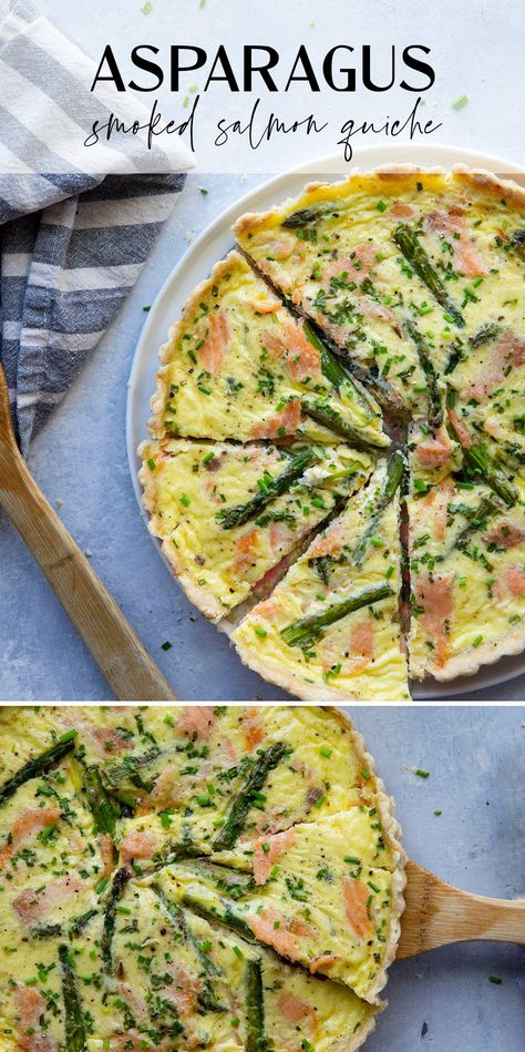 Asparagus Quiche Recipes, Smoked Salmon Quiche, Vegetable Quiche Recipes, Salmon Quiche, Goat Cheese Quiche, Asparagus Egg, Salmon Asparagus, Asparagus Quiche, Smoked Salmon Recipes