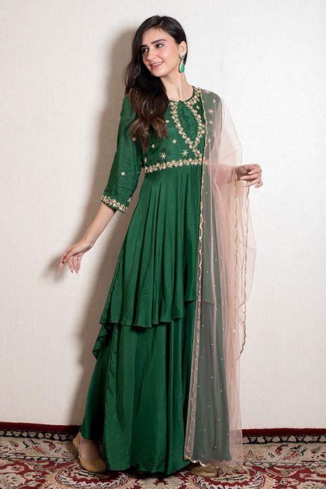 Bottle Green Anarkali, Angrakha Anarkali, Layered Kurta, Anarkali With Dupatta, Anarkali Dress Pattern, Zari Embroidery, Cute Dresses For Party, Simple Kurti Designs, Studio Green