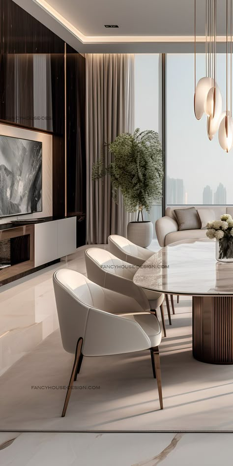 A marble tabletop shines amidst the beige calm of this tastefully designed dining room. Luxurious simplicity is key in this dining room, featuring a marble table and beige comfort. Creative Dining Table, Beige Dining Room, Luxury Dining Room Decor, Marble Dining Room, Dining Room Sofa, Beige Dining Chair, Dining Table Design Modern, Dining Room Interior, Luxury Dining Tables