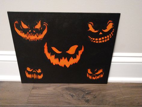 This is a 14x11in. Halloween painting of wicked Jack o lantern faces. It is on an up framed black canvas panel and is a spooky Halloween statement piece. Spooky Halloween Painting Ideas, Black Canvas Halloween Painting, Halloween Themed Paintings On Canvas, Spooky Painting Ideas On Canvas, Diy Halloween Paintings On Canvas, Halloween Canvas Painting Ideas, Jack O Lantern Painting, Halloween Acrylic Painting Ideas, Simple Halloween Paintings On Canvas