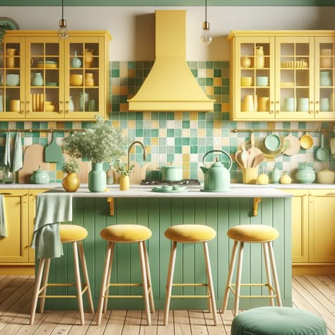 Yellow Green Kitchen Cabinets, Mint And Yellow Kitchen, Sage Green And Yellow Kitchen, Green And Yellow Kitchen Ideas, Yellow Accent Kitchen, Mint Color Kitchen, Yellow Cottage Kitchen, Teal And Yellow Kitchen, Light Yellow Kitchen