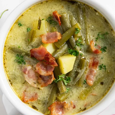 German Green Bean Soup Recipe (Grüne Bohnensuppe) Potato Green Bean Bacon Soup, German Vegetable Soup, Hungarian Green Bean Soup, Green Bean Potato Soup, Creamed Green Beans Recipe, Green Bean Soup Mennonite, Green Bean And Ham Soup, Green Bean Soup German, Bacon Bean Soup