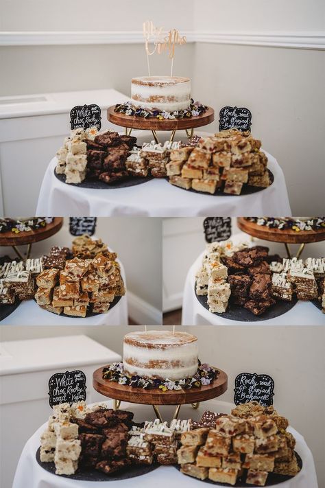 dessert table at Cottesmore golf club wedding in sussex Alternative Sweet Table Wedding, Wedding Cake Grazing Table, Cake Grazing Table, Wedding Dessert Instead Of Cake, Wedding Dessert Not Cake, Individual Wedding Cakes For Each Guest, Alternative Wedding Dessert Ideas, Dessert Platter Wedding, Wedding Cake And Donut Display