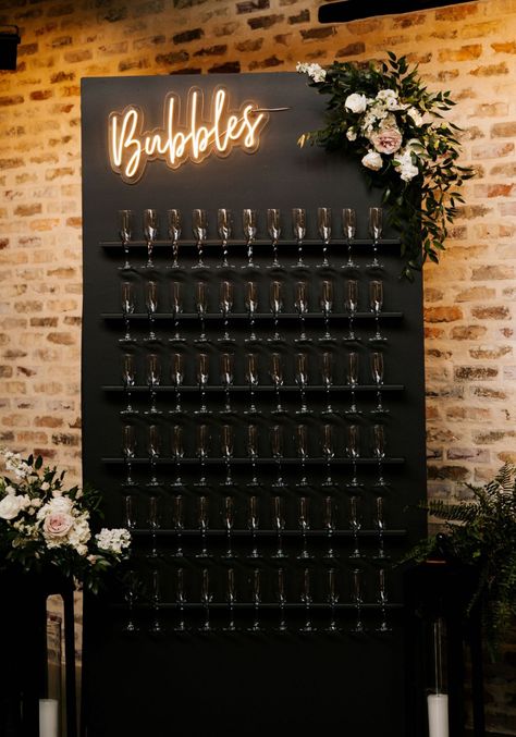 Creative Black Champagne Wall with light Dark Wedding Theme, Black Wedding Decorations, Champagne Wall, Black And White Wedding Theme, Nye Wedding, White Wedding Theme, Dark Wedding, Future Wedding Plans, Champagne Wedding