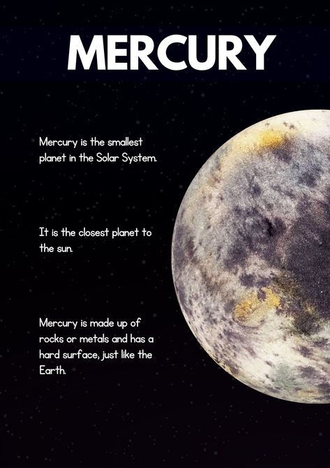 Astronomy Facts Universe, Mercury Planet Project, Mercury Planet Art, Facts About Mercury, Mercury Aesthetic, Mercury Facts, Outer Space Activities, Solar System Facts, Mercury Planet