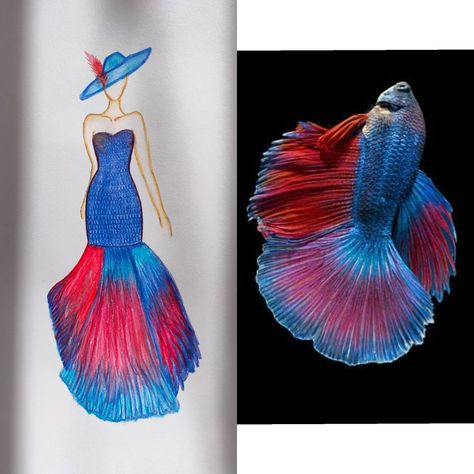 Fish Fashion Illustration, Fish Fashion Design Inspiration, Theme Based Fashion Illustration, Fish Inspired Fashion Illustration, Nature Inspired Fashion Illustration, Fish Dress Drawing, Fish Fashion Design, Fish Dress Fashion, Natural Motif Drawing