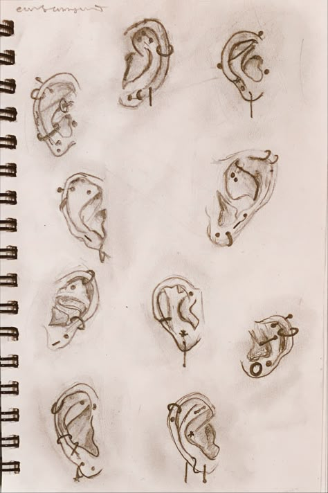 Ear Piercing Sketch, Ears Art Reference, Ear Drawing With Piercing, Nose Piercing Drawing Reference, Earing Drawing Reference, Earrings Drawing Reference, Pointy Ears Drawing, Ear References Drawing, Big Ears Drawing