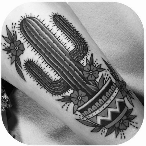 Traditional Cacti Tattoo, Traditional Plant Pot Tattoo, Cactus In Pot Tattoo, Traditional Cactus Tattoo Black, Black And White Cactus Tattoo, American Traditional Cactus Tattoo, Cactus Skull Tattoo, Mexican Inspired Tattoos For Women, Traditional Cactus Tattoo