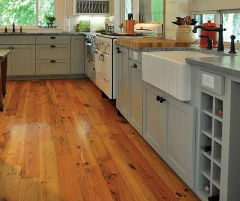 antique_heart_pine Kitchen Pine Floors, Pine Kitchen Floors, Antique Heart Pine Flooring, Pine Flooring Kitchen, Heart Of Pine Floors, Kitchen With Pine Floors, Oregon Pine Floors, Orange Wood Floor Kitchen, Wide Pine Floors