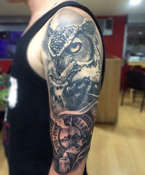 Owl Tattoo Shoulder, Owl Shoulder Tattoo, Owl Tattoos For Men, Mens Owl Tattoo, Owl Tattoo Sleeve, Owl Tattoo Drawings, Tattoo Shoulder, 13 Tattoos, Owl Tattoo Design