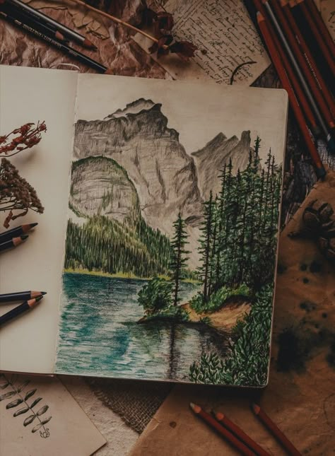 Colored Pencil Nature Drawings, Colored Pencil Art Landscape, Color Pencil Art Nature, Colored Pencil Nature Art, Easy Drawings Colored Pencils, Color Pencil Art Drawings Creative, Colored Pencil Aesthetic, Sketchbook Colored Pencil, Colored Pencil Art Ideas