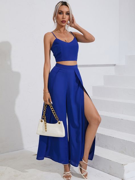 azul real Casual Collar sin mangas  Liso  Embellished No-Elástico  Ropa de Mujer Cropped Cami, Cami Crop Top, Tie Backs, Cami Tops, Wide Leg Trousers, Two Pieces, Wide Leg, Trousers, Collar