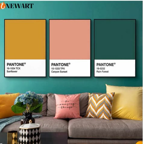 Mustard Living Rooms, Posters Living Room, Modern Canvas Painting, Green Painting, House Color Palettes, Interior Color Schemes, Pink Living Room, Pantone Colors, Room Color Schemes