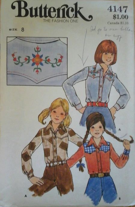 Butterick 4147 D | Vintage Sewing Patterns | Fandom Western Shirt Pattern, Girls Western Shirts, Photo Pattern, Butterick Pattern, Embroidery Transfers, Vogue Sewing Patterns, Shirt Embroidery, Fashion Sewing Pattern, Aprons For Sale