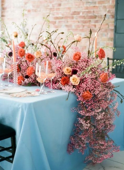 Love this color combo Over The Table Floral Arrangement, Garland Table Runner, Floral Garland, Deco Floral, Perfect Palette, Flower Garlands, Rose Wedding, Decoration Table, Spring Wedding