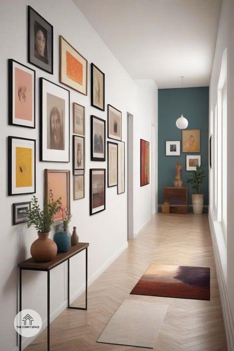 Are you struggling to decorate your hallway? I’ve compiled 10 stunning gallery wall ideas that will transform your space effortlessly! From selecting the perfect artwork to arranging your frames, I’ll share insights that make the process easy and enjoyable. You’ll be inspired to create a beautiful display that showcases your style and adds character to your home. Ready to get started on your hallway makeover?#GalleryWall #HomeStyling #DecorInspo #ArtisticHome #InteriorDesignTips Hall Photo Wall, Gallery Wall Hallway Narrow, Gallery Wall Hallway, Hallway Narrow, Gallery Hallway, Hallway Pictures, Hallway Gallery Wall, Comfy Space, Long Hall