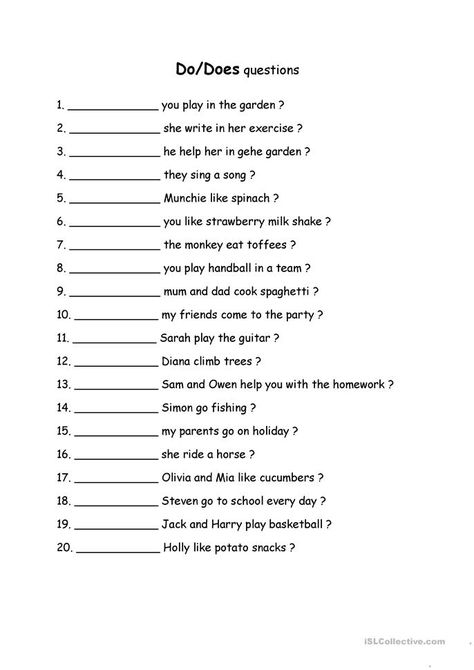 do/does questions - English ESL Worksheets for distance learning and physical classrooms Do Does, English Grammar Exercises, English Grammar For Kids, Grammar For Kids, Learning English For Kids, English Grammar Worksheets, English Worksheets For Kids, Kids English, Learn English Grammar