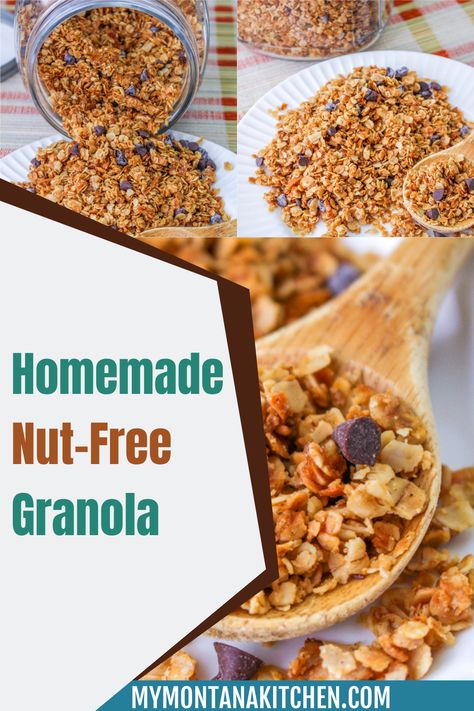 Nut-free granola is a safe option if you have nut allergies, plus it's a versatile snack that you can enjoy any time of the day. This homemade nut-free granola recipe is peanut free, almond free, and cashew free. With only 5 minutes of prep time, you'll have delicious and easy nut free granola in no time! Nut Free Granola Recipe, Nut Free Granola, Montana Kitchen, Low Carb Granola, Butter Alternative, Granola Recipe Homemade, Chewy Granola, Homemade Granola Bars, Candy Drinks