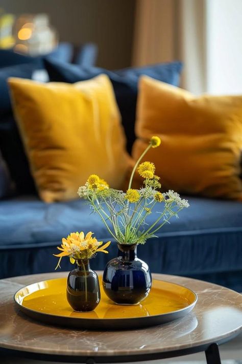 Navy Blue &amp; Yellow Living Room Decor - Sunny &amp; Sophisticated Tips Navy Yellow Living Room, Navy Blue And Yellow Living Room Decor, Blue Yellow Living Room, Gray And Yellow Living Room, Blue And Mustard Living Room, Yellow Living Room Decor, Yellow Living Room Ideas, Yellow Restaurant, Mustard Living Rooms