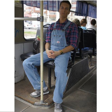 Round House bib overalls,red & blue flannel shirt, grey shoes Men Dungarees, Jean Dean, Overalls Boy, Men In Overalls, Men's Dungarees, Flannel Outfit, Blue Flannel Shirt, Vintage Overalls, Running Shoes Men