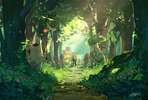 Legend of Zelda Breath of the Wild art > Link in Korok Forest > Hestu > Koroks > botw | d4ggerfish Koroks Botw, Korok Forest, Environment References, Forest Aesthetic, Wild Art, Nature Background Images, Zelda Breath Of The Wild, Fantasy Background, Forest Background