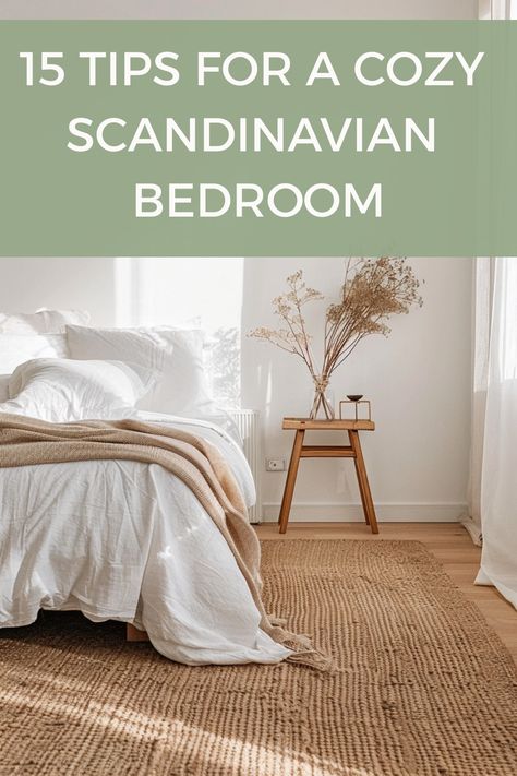 Get a cozy Scandinavian inspired bedroom with these tips and ideas. Scandinavian Bedroom Ikea, Scandi Chic Bedroom, Scandinavian Rustic Bedroom, Nordic Master Bedrooms Decor, Scandinavian Guest Room, Scandi Master Bedrooms Decor, Scandi Bedroom Ideas Scandinavian Design, Scandinavian Sleep Method Bed Styling, Hygge Bedroom Aesthetic