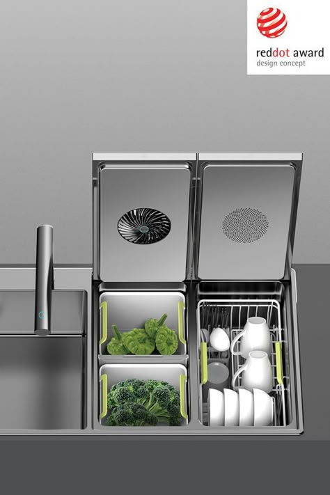 An innovative, space-saving dishwashing solution with a wash and air-dry system that does not compromise the washing capacity. . . . . . . . . . . . . . . . . . . . . . . . . . . . . . . . .. . . . . . . . #RedDotAward #DesignConcept #culinary #kitchenappliances #gooddesign #designedby #MideaGroup Smart House Design, Smart Kitchen Ideas, Sink Dishwasher, Diy Furniture Tv Stand, Coffee Machine Design, Sofa Table Design, Kitchenware Design, Kitchen Tech, Kitchen Technology