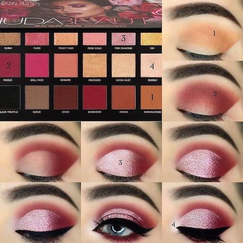 photo-collage-of-step-by-step-diy-tutorial-how-to-do-makeup-rose-gold-glitter-pink-eyeshadow-colors-black-cat-eyeliner Teknik Makeup, Huda Beauty Eyeshadow, Rose Gold Eye Makeup, Eyeshadow Designs, Tutorial Eyeshadow, Clear Brow Gel, Gold Eye Makeup, Beginners Eye Makeup, Dramatic Eye Makeup