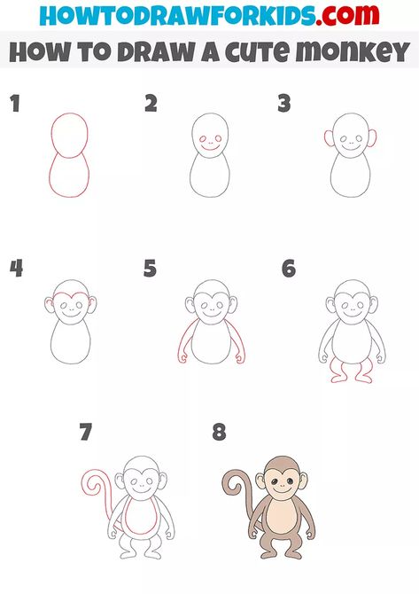 How to Draw a Cute Monkey - Easy Drawing Tutorial For Kids Zoo Drawing Easy, How To Draw A Monkey Easy, Monkey Doodle Easy, Zoo Drawing For Kids Easy, How To Draw Monkey, Zoo Animal Drawings, Monkey Drawing For Kids, Simple Monkey Drawing, Jungle Animals Drawing