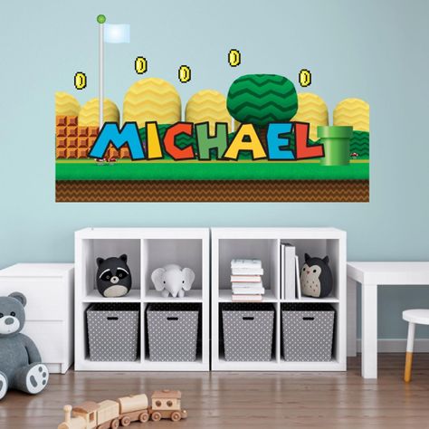 Diy Mario Wall Decor, Mario Bedroom Ideas Boys, Mario Bedroom Decor, Mario Room Decor, Mario And Luigi Room Decor, Mario Wall Decor, Mario Wall Mural, Mario Wall Art, Room Decor For Boys