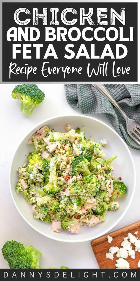 Chicken and Broccoli Feta Salad Chicken Broccoli Bowl, Healthy Shredded Chicken, Shredded Chicken Salad, Broccoli Feta, Broccoli Bowl, Tahini Dressing Recipe, Chicken Broccoli Cheese, Salmon Quinoa, Feta Salad Recipe