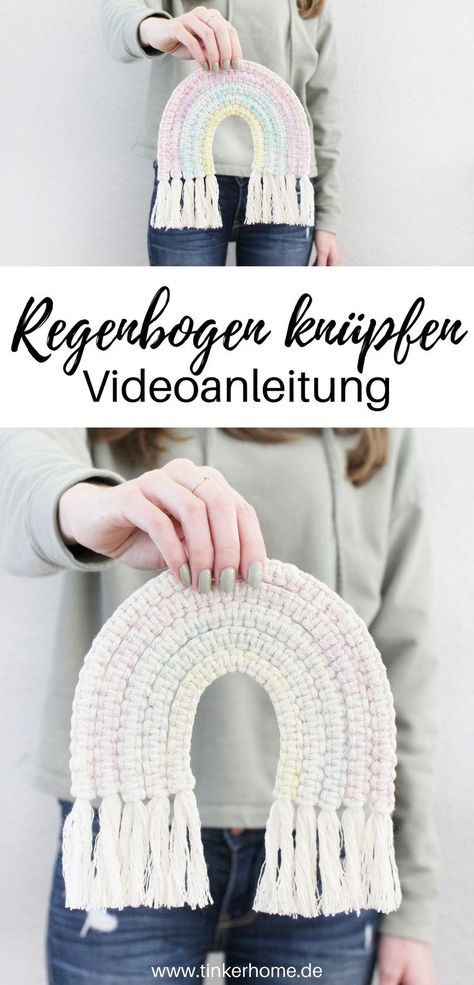 In meinem Video erfährst du, wie du einen Makramee Regenbogen knüpfen kannst. Außerdem zeige ich dir, wie du diesen mit herkömmlichen Wasserfarben einfärben kannst. Baby Zimmer, Macrame Design, Diy For Kids, Unique Art, Knitted Scarf, Macrame, Diy Projects, Crochet Hats, Arts And Crafts