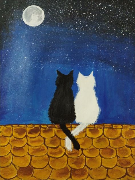 Cute Cat Canvas Painting Easy, Couple Painting Aesthetic Easy, Cat Moon Painting, 2 Cats Painting, Cats Canvas Painting, Kitten Painting Easy, Trendy Canvas Art, Easy Painting Ideas On Canvas Love, Simple Cat Painting Ideas