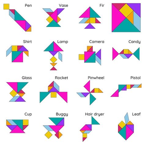 Tangram Art, Tangram Design, Tangram Shapes, Tangram Activities, Tangram Patterns, Tangram Puzzles, Kindergarten Design, Geometric Figures, Kids Vector