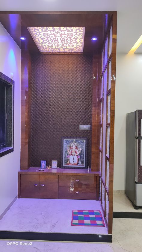 Pooja Room Design For Apartments, Puja Unit With Partition, Interior Design God Room, Pooja Room For Small Apartments, Puja Unit In Bedroom, Puja Space In Living Room, Devghar Partition Design, Pooja Room Partition In Hall, Pooja Room Small Space