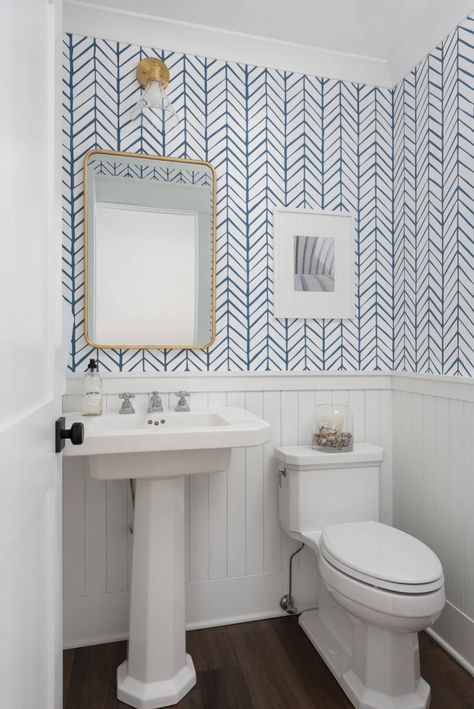 Stroke of Blue. See how this classic color can add style, surprise and serenity in various ways to a powder room. Half Wallpaper Half Paint, Pedestal Sink Ideas, Bathroom Wallpaper Inspiration, Blue Powder Rooms, Half Wallpaper, Bathroom Wallpaper Modern, Farmhouse Powder Room, Wallpaper Powder Room, Half Bath Remodel