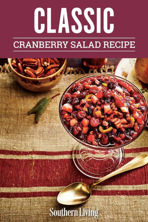 This cranberry salad has sliced celery and chopped toasted pecans (walnuts work, too), which give it a surprising crunch that most cranberry salads lack. This version of cranberry salad is both sweet and tart for balanced flavor and one Test Kitchen professional said it’s “so much better than the canned stuff.” #cranberryrecipes #cranberrysalad #thanksgivingrecipes #thanksgivingsides #southernliving Cranberry Salads, Fresh Cranberry Salad, Cranberry Walnut Salad, Cranberry Salad Recipes, Kitchen Professional, Celery Recipes, Celery Salad, Cranberry Fruit, Cranberry Salad