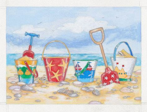 Bucket And Spade Drawing, Beach Huts Art, Bucket And Spade, Beach Quilt, Beach Clipart, Sea Illustration, Seaside Art, Beach Illustration, Beach Huts