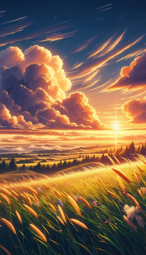 Golden dawn breaks over the endless plains #AnimeNature #4KWallpaper #SpiritedAway #StudioGhibli #NatureEscape #FantasyRealism #SoftLighting #VibrantColors Japanese Countryside, Golden Dawn, Serene Landscape, Lunar Eclipse, Fantasy Landscape, Live Wallpapers, Nature Wallpaper, Studio Ghibli, Join Me