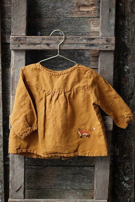 Linen Baby Clothes, Fox Sitting, Baby Tunic, Mustard Shirt, Embroidery Simple, Organic Kids Clothes, Cheap Kids Clothes, Fox Embroidery, Yellow Baby